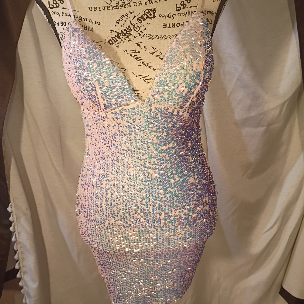 Fashion Nova Iridescent Sequin Mini Dress in Pink and Light Blue